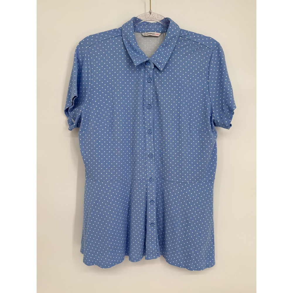 Isaac Mizrahi Live! Blue Polka Dot Peplum Button Down Shirt Top Sz L